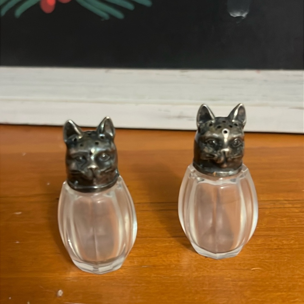 Vintage Baccarat Crystal  salt dipped Silver Cat head Salt & Pepper shakers